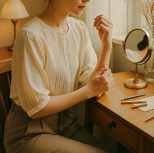 조용한 오후, 거울 앞에서 5부 소매를 정돈하는 여성의 감성 컷