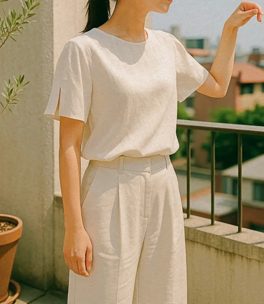 발코니에서 소매 디테일이 강조된 5부 블라우스를 입은 여성