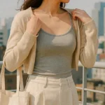 여름 민소매 위에 크롭 볼레로를 걸치고 루프탑을 나서는 여성