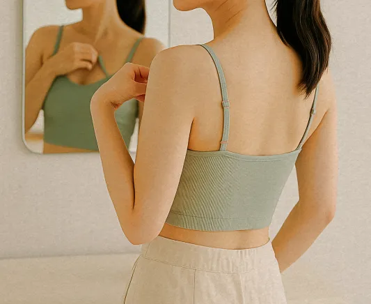 감성적인 색감의 브라캡 나시를 거울 앞에서 정리하는 여성