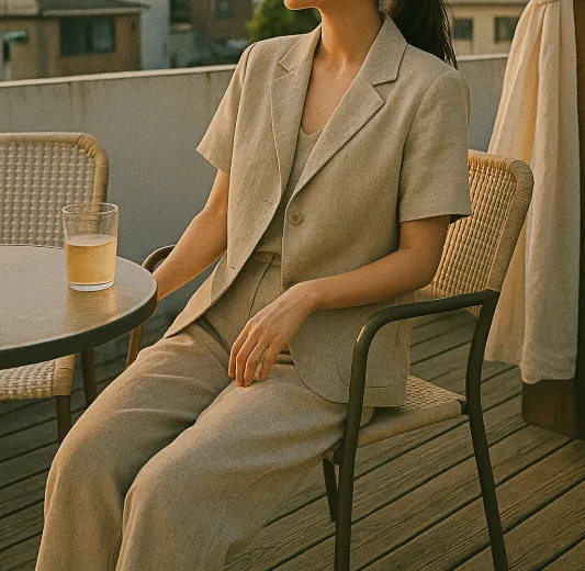 여름 린넨 셋업 저녁 테라스