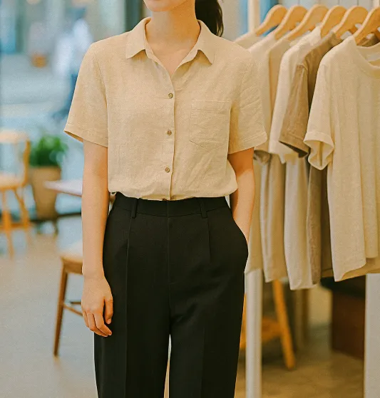 린넨 셔츠를 입은 여성이 옷가게에서 옷을 고르는 여름의 감성 컷