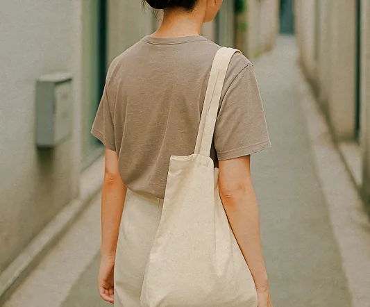 뉴트럴 여름룩을 입은 여성이 조용한 도심 골목을 걷는 장면