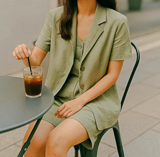 세이지 그린 린넨 셋업 여름 카페 감성룩