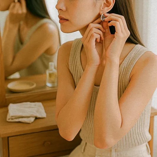 여름 링 귀걸이와 미니멀 액세서리로 꾸민 감성 룩