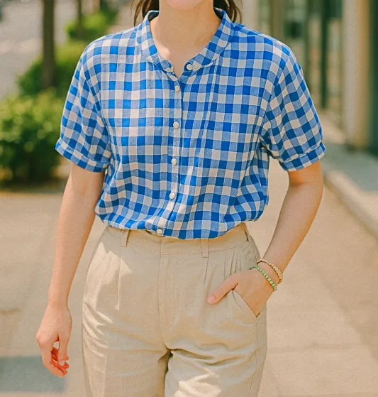 여름용 쿨링 셔츠를 입은 여성이 거리를 걷는 감성적인 장면