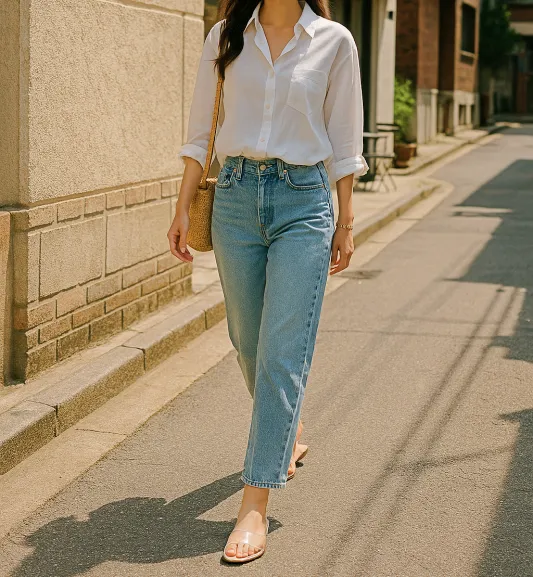 화이트 셔츠와 연청 데님을 입은 여름 감성룩