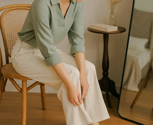 세이지 블라우스와 크림 팬츠를 매치한 감성적인 여름 코디 착장
