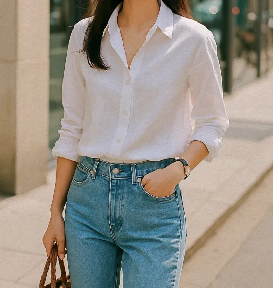 여름 감성에 어울리는 린넨 화이트 셔츠 상반신 컷