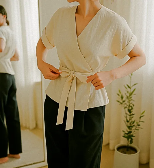 여름 랩 블라우스 허리라인 감성 코디