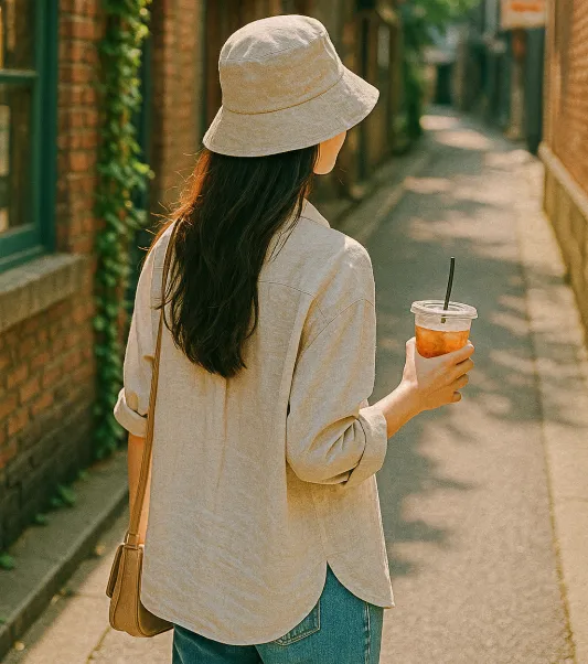 여름 골목에서 린넨 버킷햇을 쓴 여성의 감성적인 뒷모습