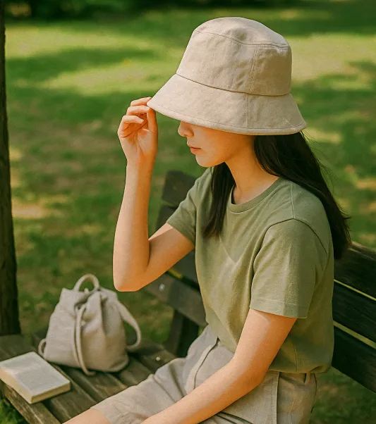 나무 그늘 아래 린넨 버킷햇으로 햇빛을 가리는 여성