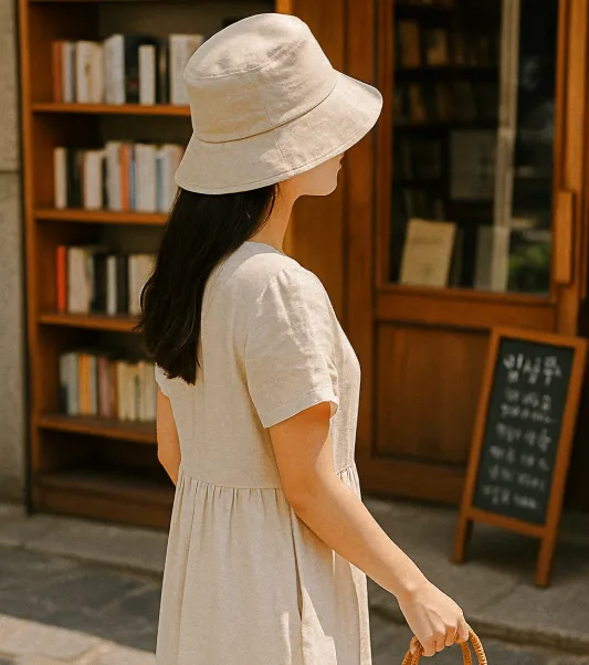 책방 앞에서 여름 코디에 린넨 버킷햇을 매치한 여성