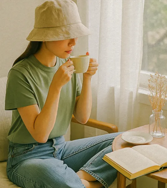 테라스 창가에서 린넨 버킷햇과 차 한 잔을 즐기는 감성적인 순간