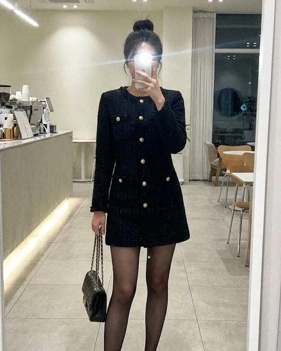 트위드 원피스 하객룩 반투명 스타킹 코디