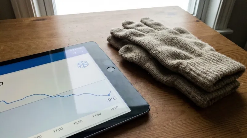 크리스마스 날씨 한파 예보 화면과 장갑