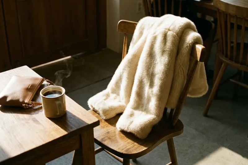 얼굴이 작아 보이는 아이보리 숏 페이크 퍼 자켓