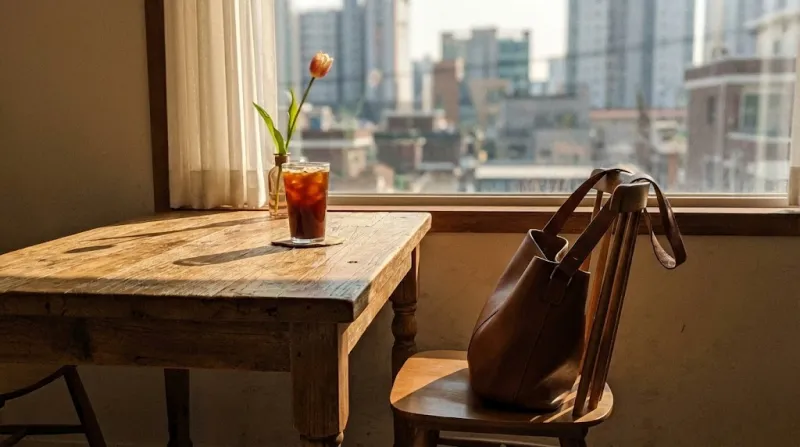 20대 여자 대학 졸업선물 추천 가방과 꽃다발이 있는 카페 감성 사진