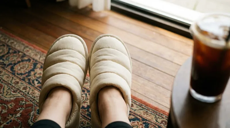 따뜻한 겨울 카페에서 신은 몽글몽글한 패딩슈즈 착용샷