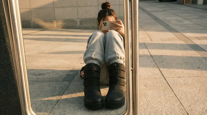 조거팬츠와 패딩부츠를 매치한 힙한 겨울 코디