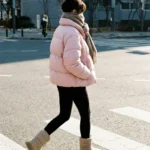 숏패딩과 패딩부츠를 매치하여 비율이 좋아 보이는 겨울 코디