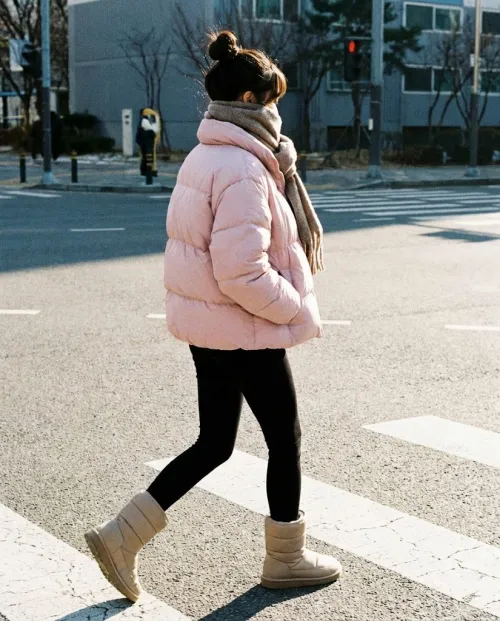숏패딩과 패딩부츠를 매치하여 비율이 좋아 보이는 겨울 코디