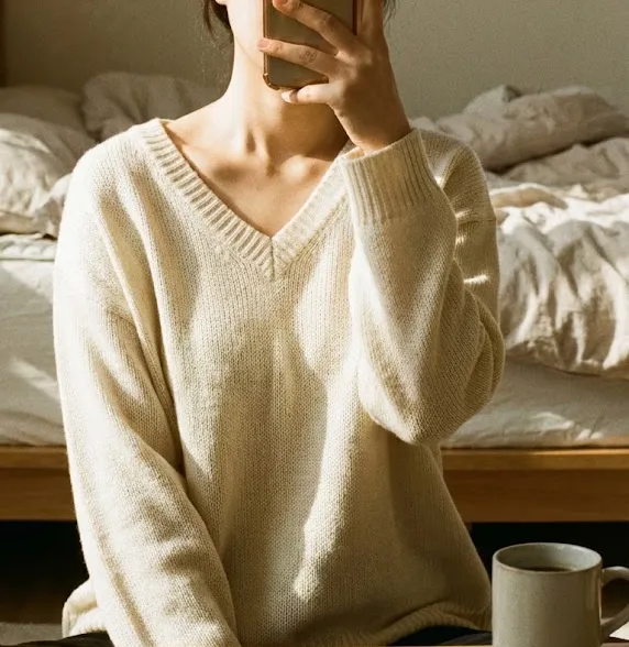 어깨 넓은 여자 코디 여리여리한 브이넥 니트 착용샷