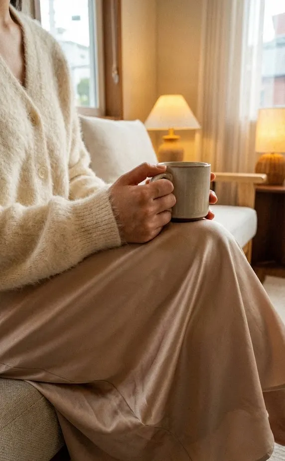 크림색 니트와 새틴 스커트 소재 믹스매치 코디 클로즈업