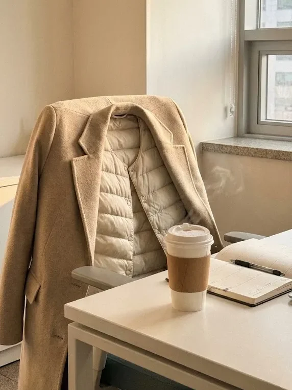 겨울철 사무실 의자에 걸린 코트와 이너 경량패딩 조끼, 따뜻한 커피