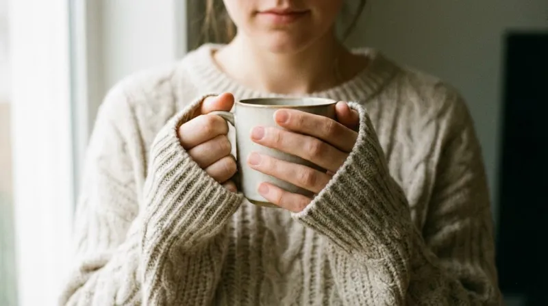 소매가 긴 니트를 입고 머그잔을 감싸 쥔 여리여리한 포즈