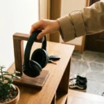 외출 전 거치대에서 헤드폰을 챙기는 모습