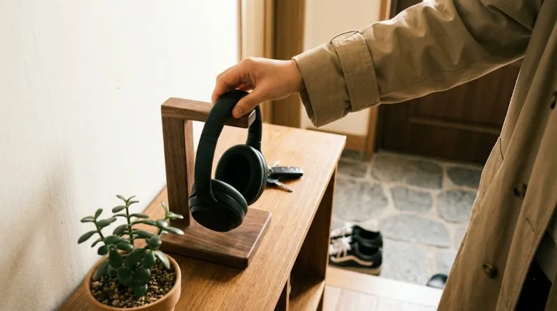 외출 전 거치대에서 헤드폰을 챙기는 모습