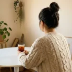 오트밀 꽈배기 니트를 입고 아이스 아메리카노를 든 홈카페 룩