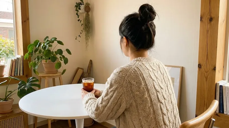 오트밀 꽈배기 니트를 입고 아이스 아메리카노를 든 홈카페 룩