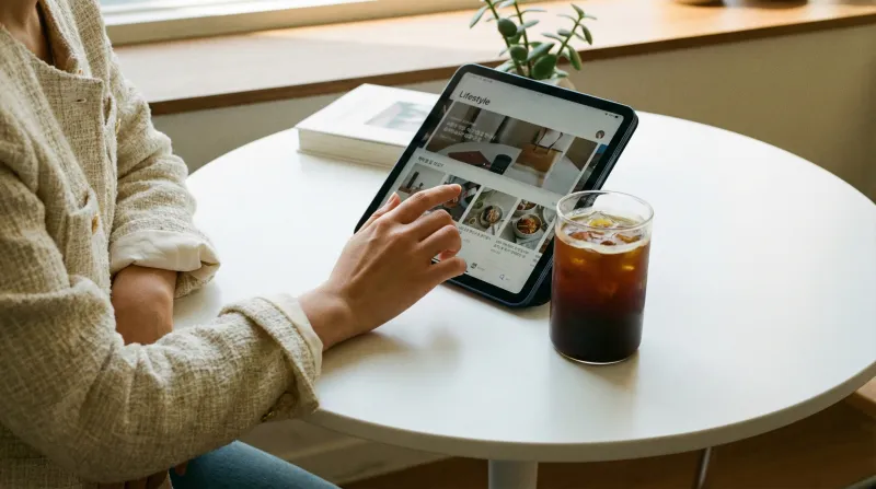 카페에서 아이패드와 트위드 자켓 코디