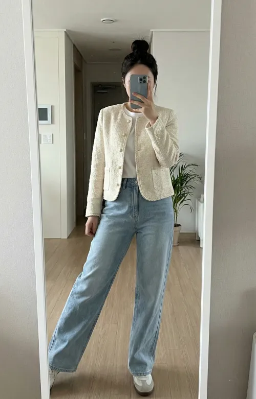 트위드 자켓 청바지 하객룩 코디