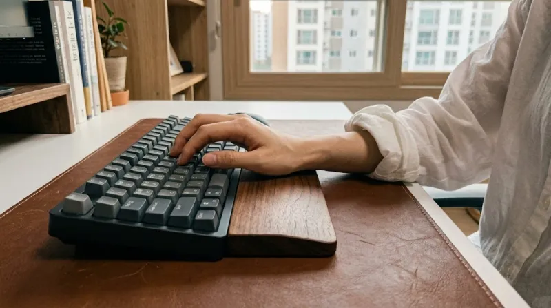 링클프리 오버핏 셔츠 소매 롤업 디테일과 팜레스트