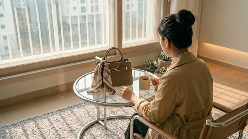 트랜치코트 코디 - 하객룩 완성 로퍼와 스카프 가방 코디 제안