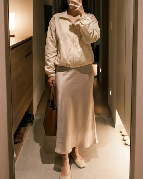 여자 바람막이 롱스커트 플랫슈즈 믹스매치 출근룩