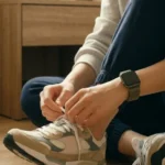 여자 애슬레저룩 - 협탁 옆에서 런닝화를 신으며 운동을 준비하는 일상