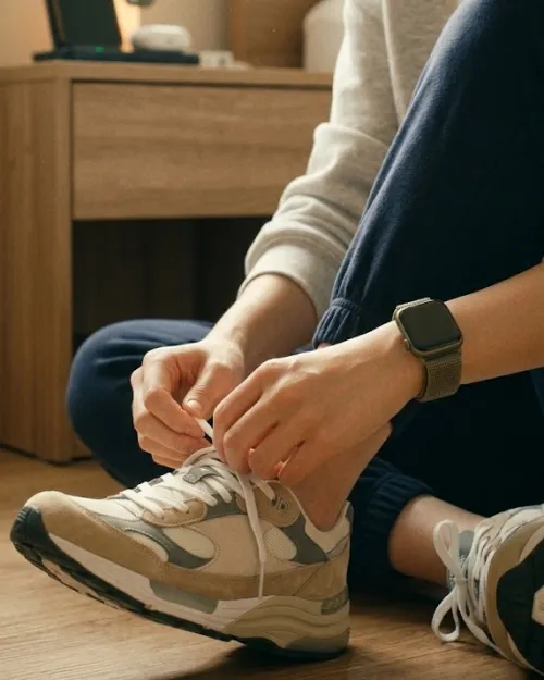 여자 애슬레저룩 - 협탁 옆에서 런닝화를 신으며 운동을 준비하는 일상