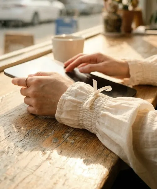 포엣코어 리본 블라우스 코디 아이패드 에어