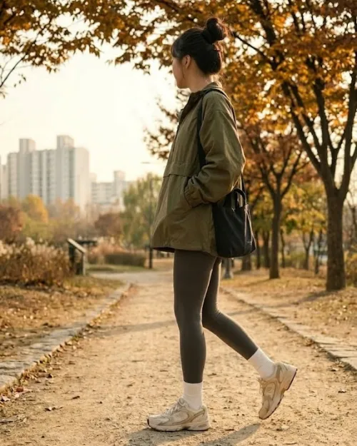 여자 애슬레저룩 - Y존 부각 없는 무봉제 레깅스와 청키한 런닝화 매치