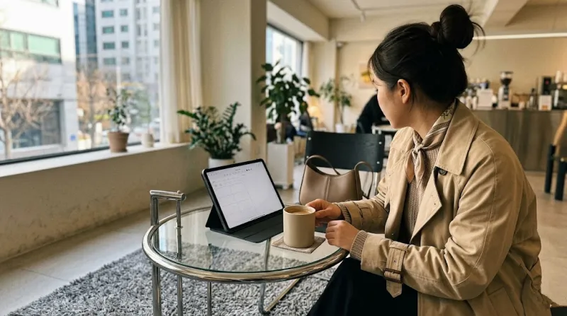 트렌치코트 코디 3월 여자 봄 패션 아이패드 에어 활용