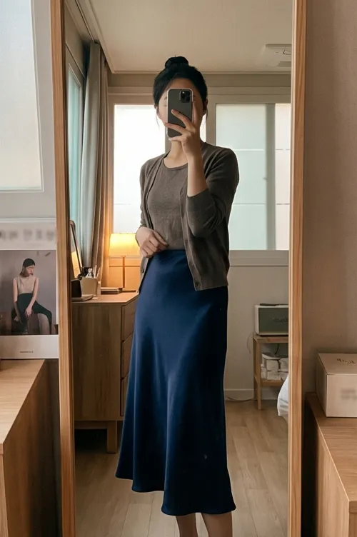 딥네이비 새틴 스커트 하체 통통 거울 셀카 핏