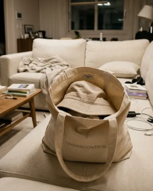 에코백 가방 안에 접어서 보관 중인 구김 없는 버킷햇