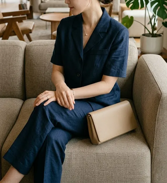 네이비 린넨 반팔 자켓 셋업 진주 목걸이 30대 하객룩