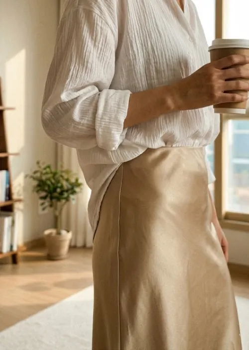 포엣코어 셔츠 샴페인 골드 새틴 스커트 매치 디테일
