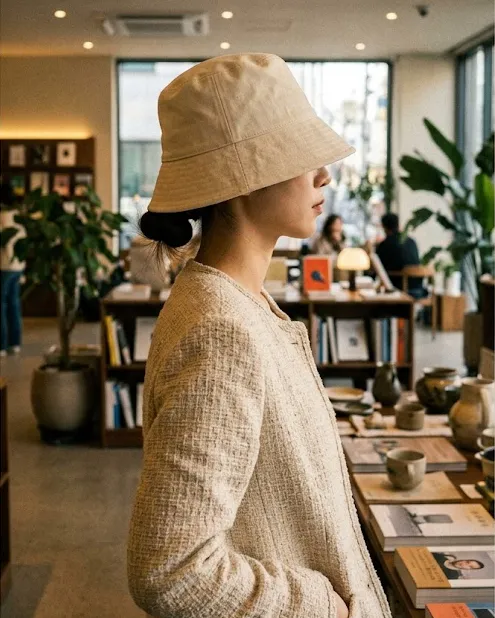 얼굴이 작아 보이는 깊은 아이보리 버킷햇을 쓴 여성 측면