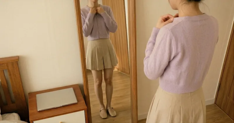 우드 전신거울 앞 스커트 팬츠 하객룩 코디